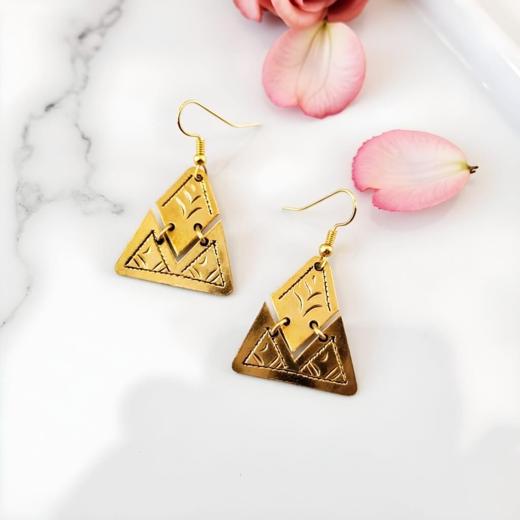 Handmade Brass Triangle Earrings – Gold Geometric Moroccan Design image