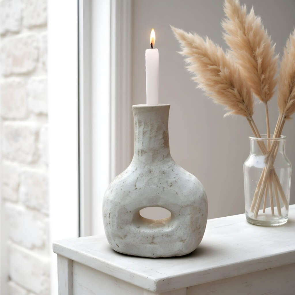 Tamegroute Ceramic Candle Holder Bottle 14″ – Handcrafted Gray Pottery image