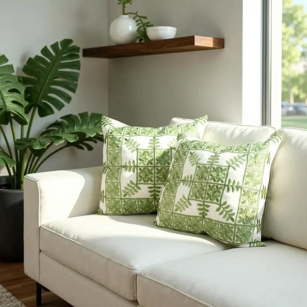 Sage Green Botanical Cotton Pillow Covers 17.4″ – Set of 2 Geometric Cushions image 5