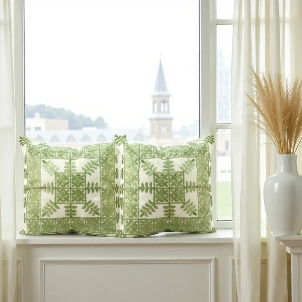 Sage Green Botanical Cotton Pillow Covers 17.4″ – Set of 2 Geometric Cushions image 2