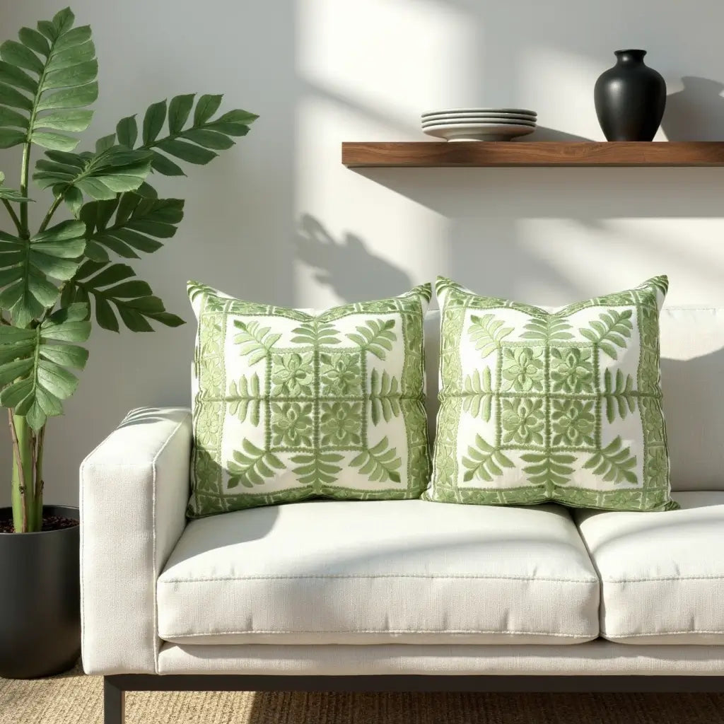Sage Green Botanical Cotton Pillow Covers 17.4″ – Set of 2 Geometric Cushions image 4