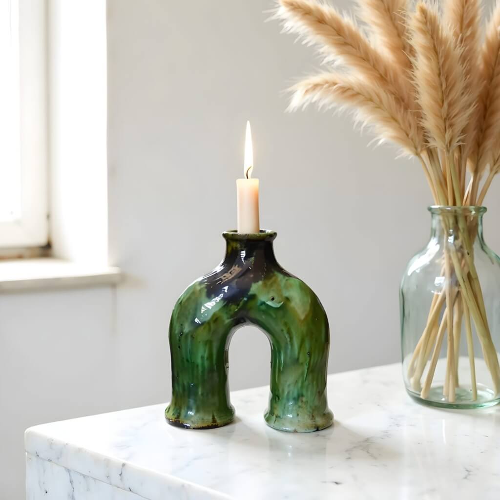 Handcrafted Green Tamegroute Ceramic Arch Candleholder – Artisanal Candle Holder image