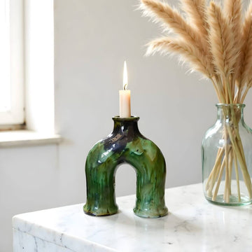 Handcrafted Green Tamegroute Ceramic Arch Candleholder – Artisanal Candle Holder image