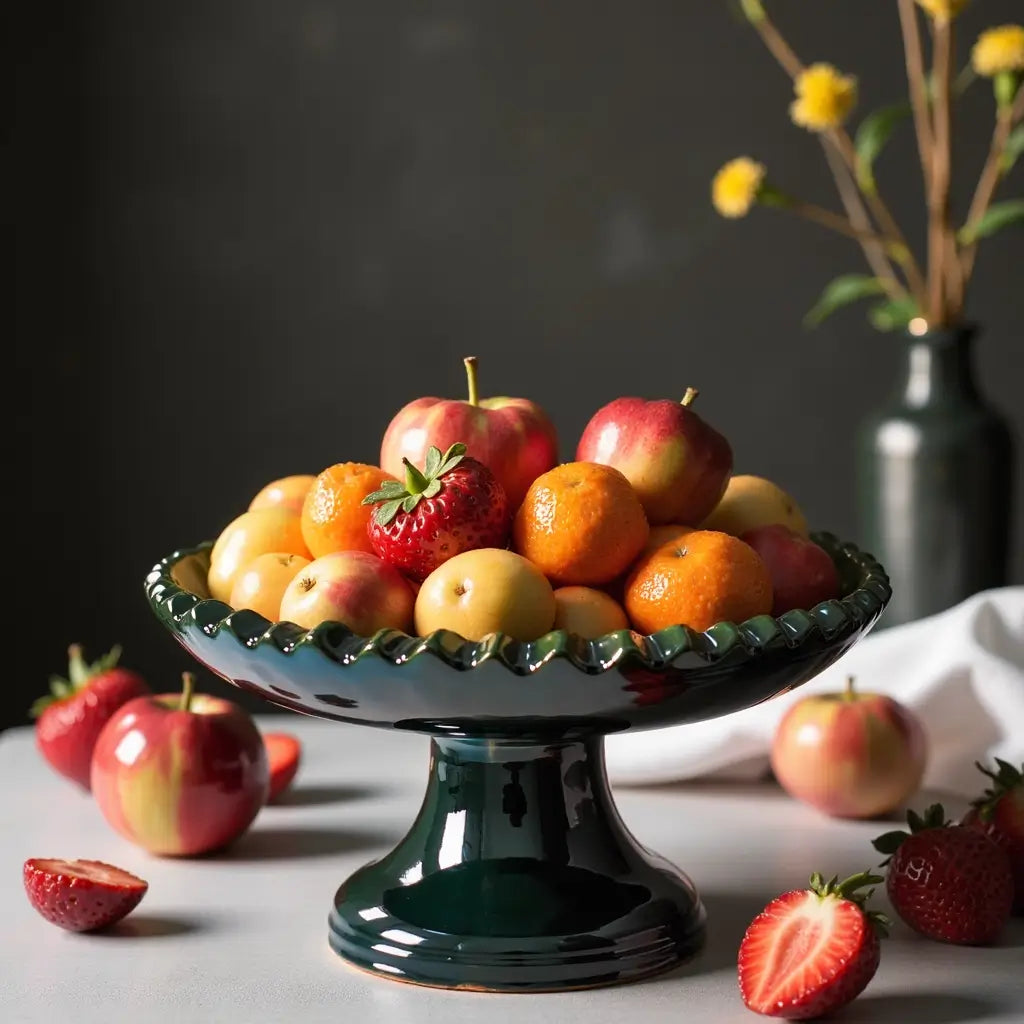 Handcrafted Tamegroute Ceramic Cake Stand with Scalloped Edge, 24cm image 3