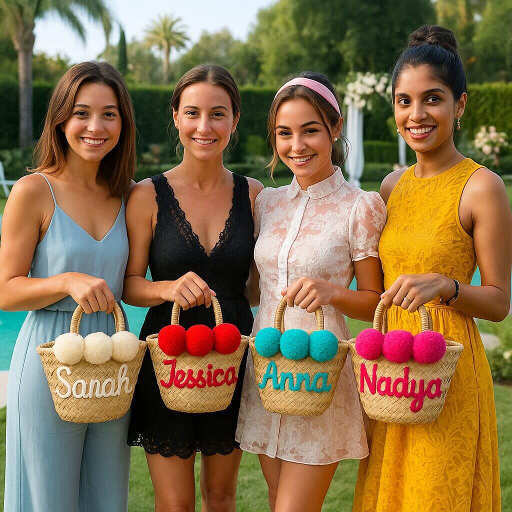 Personalized Mini Straw Bag Set – Custom Name Beach Bags with Pom Poms image 2