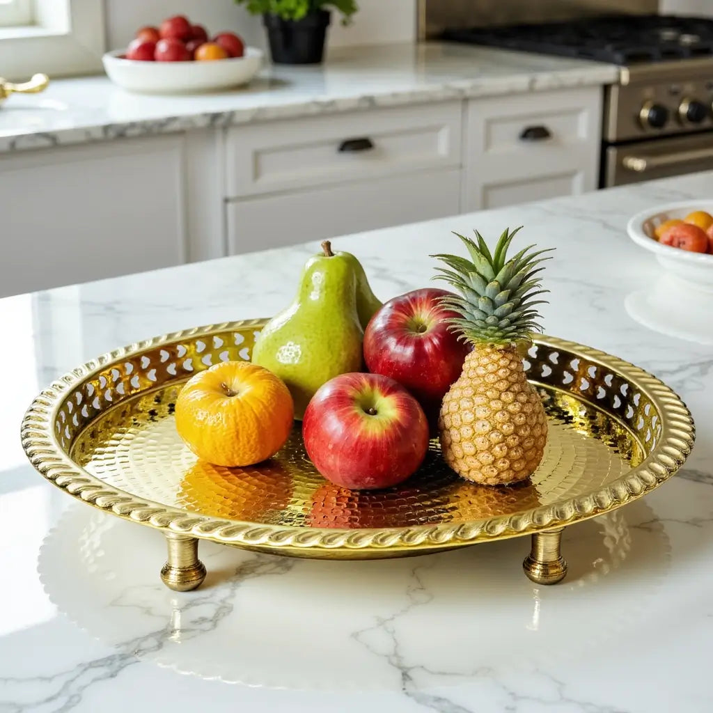 Hand Hammered Circle Tray with Feet – Traditional Silver-Plated Brass image 12