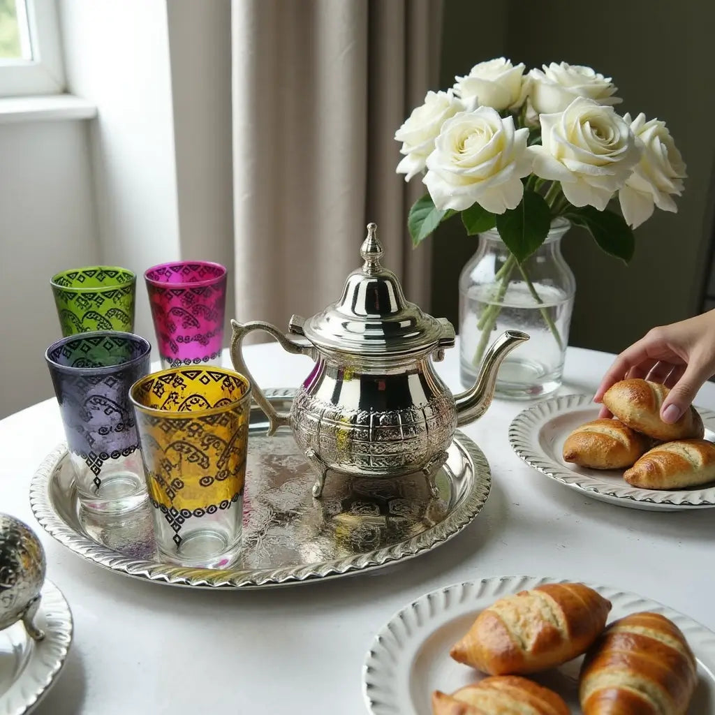 Silver Tea Set – Handcrafted 6 Multicolor Glass Service with Tray image 4