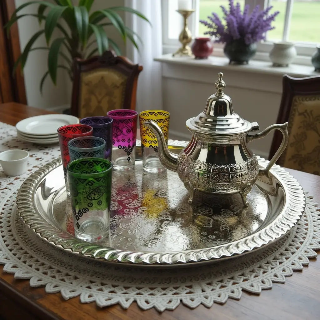Silver Tea Set – Handcrafted 6 Multicolor Glass Service with Tray image 3