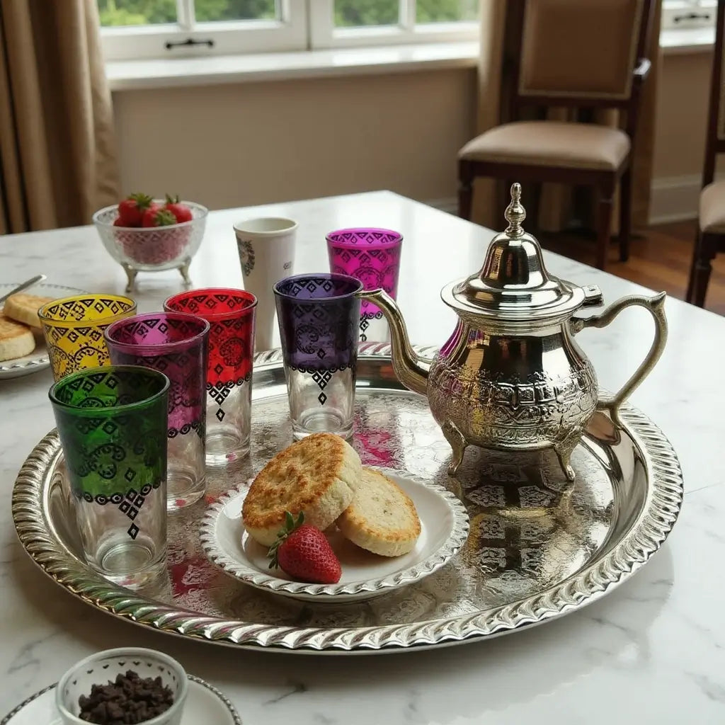 Silver Tea Set – Handcrafted 6 Multicolor Glass Service with Tray image 2