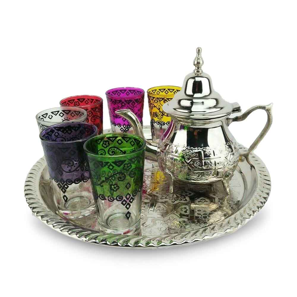 Silver Tea Set – Handcrafted 6 Multicolor Glass Service with Tray image