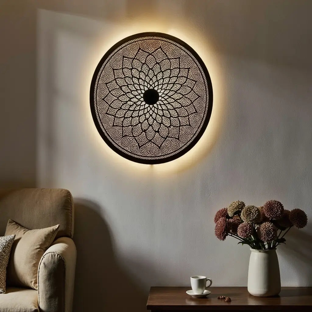 Hand-Engraved Round Brass Wall Light Shade in Gold – Pierced Metalwork image 7