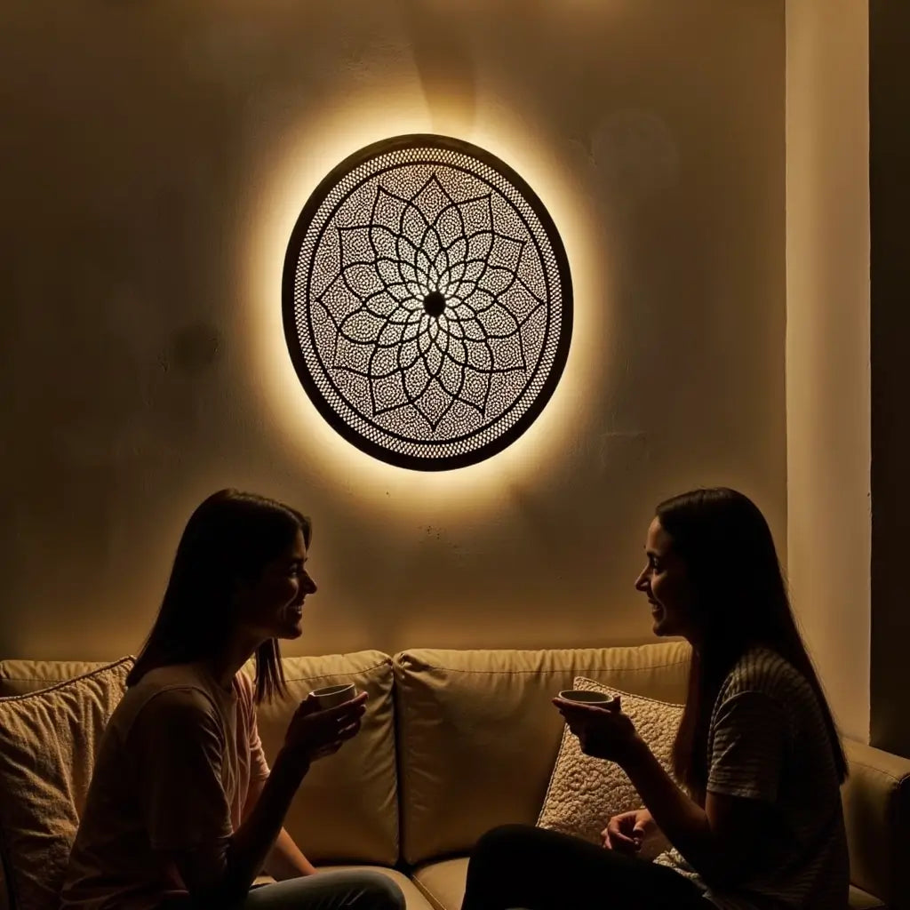 Hand-Engraved Round Brass Wall Light Shade in Gold – Pierced Metalwork image 8