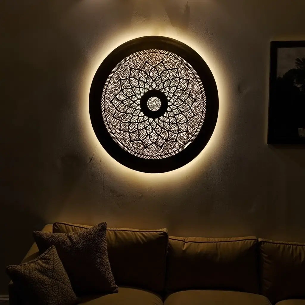 Hand-Engraved Round Brass Wall Light Shade in Gold – Pierced Metalwork image 5