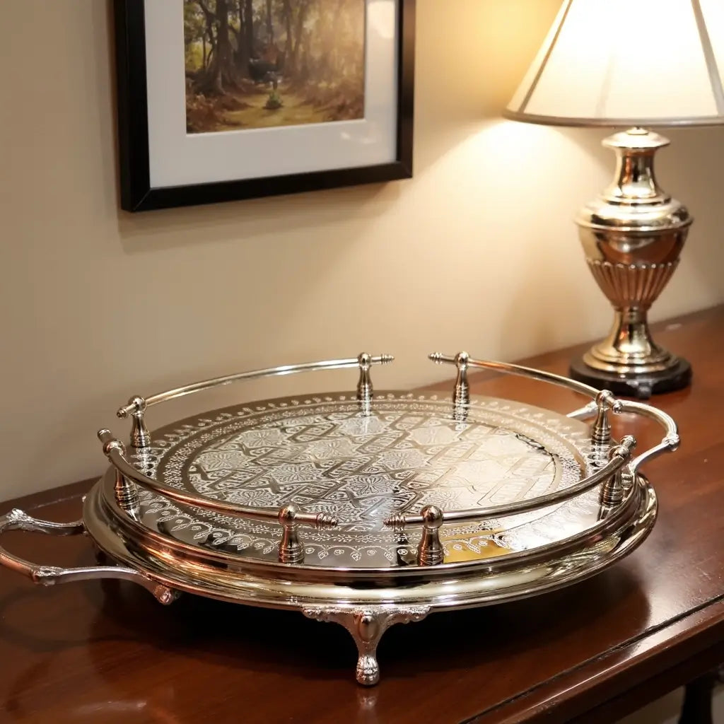 Hand-Engraved Silver Large Round Tray – Decorative Handles & Feet image 4