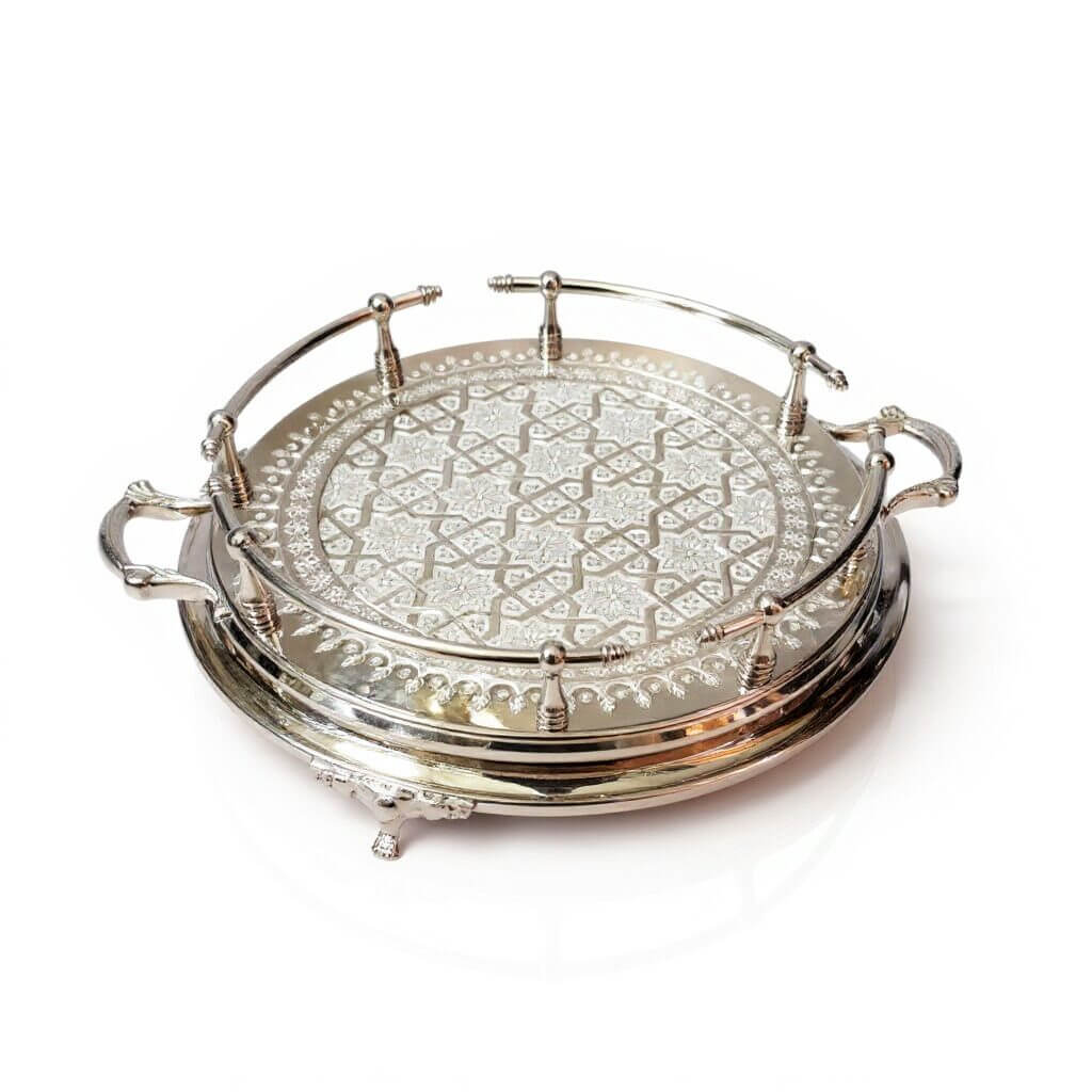 Hand-Engraved Silver Large Round Tray – Decorative Handles & Feet image