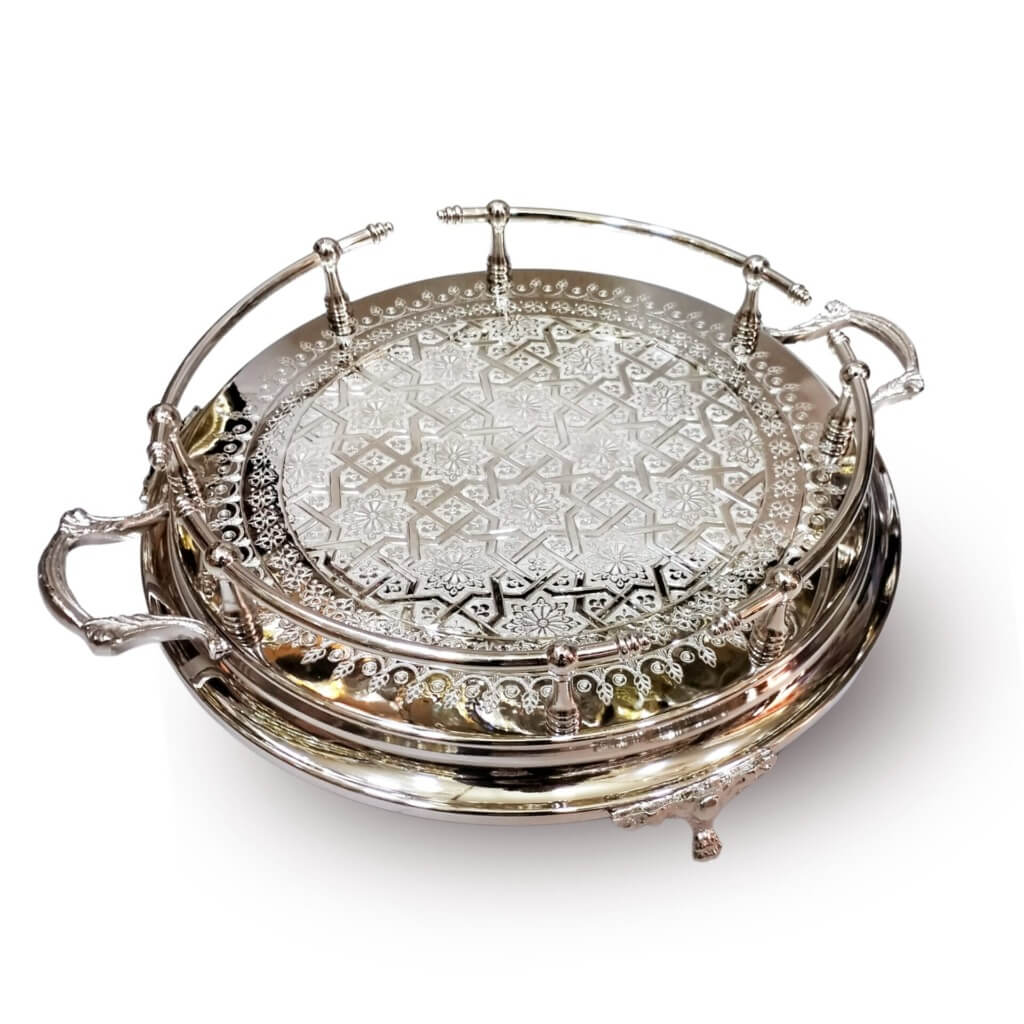 Hand-Engraved Silver Large Round Tray – Decorative Handles & Feet image 10
