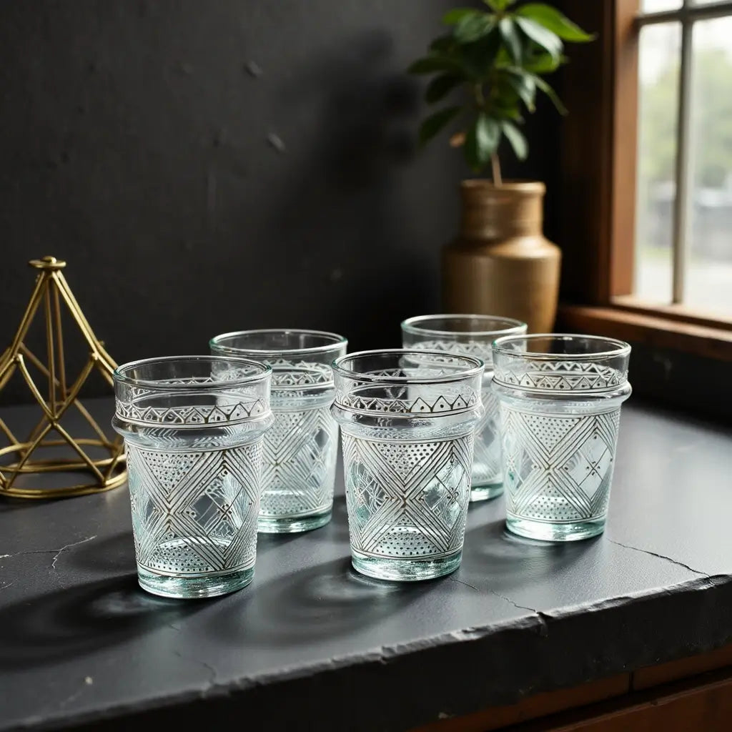 Hand-Painted Tea Glasses Set of 6 – Silver Geometric Pattern with Aqua Base image 2