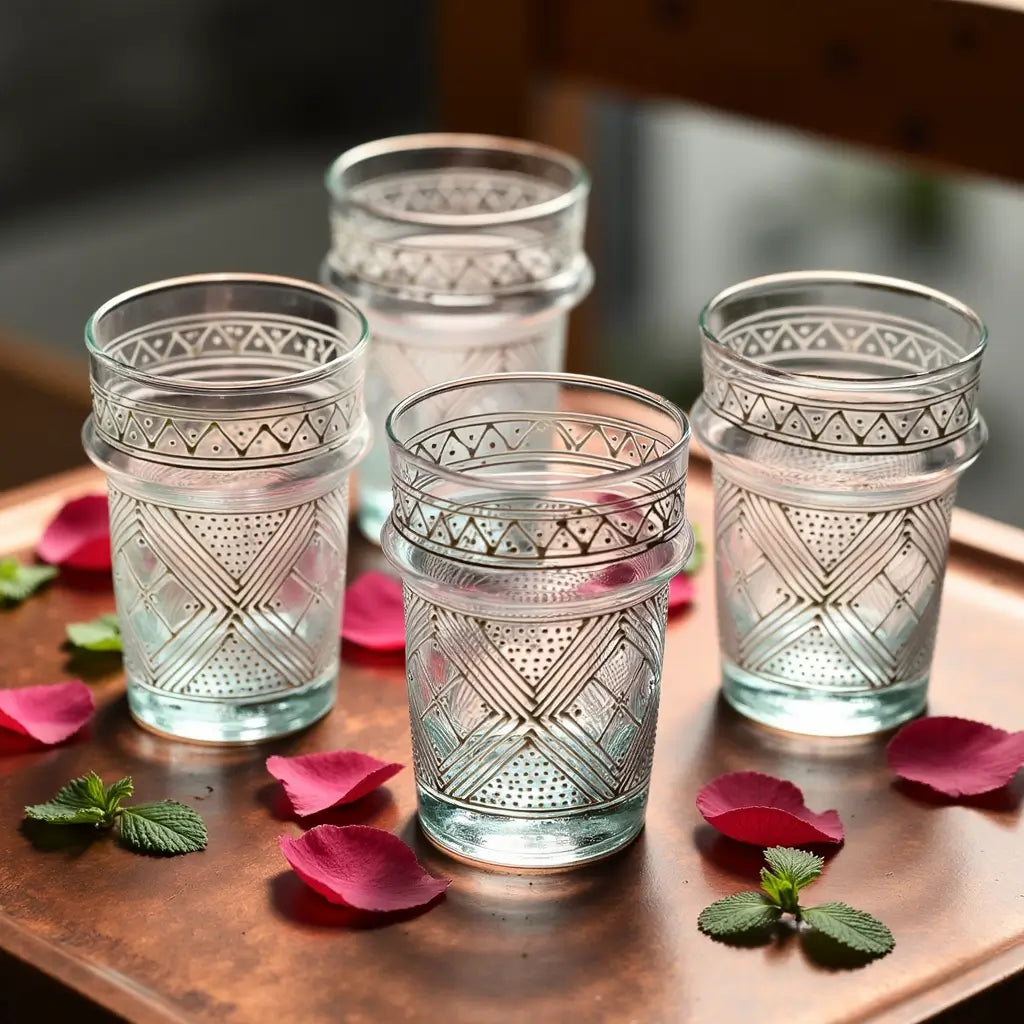 Hand-Painted Tea Glasses Set of 6 – Silver Geometric Pattern with Aqua Base image 4