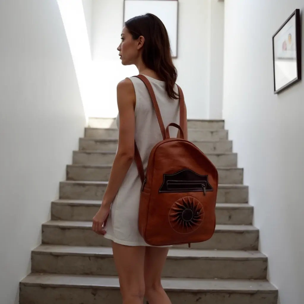 Sun-Embossed Cognac Leather Backpack – Handcrafted Laptop Bag image 4