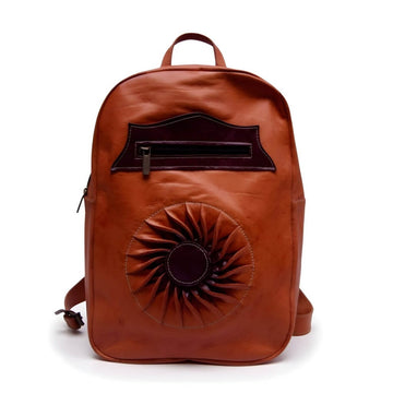 Sun-Embossed Cognac Leather Backpack – Handcrafted Laptop Bag image