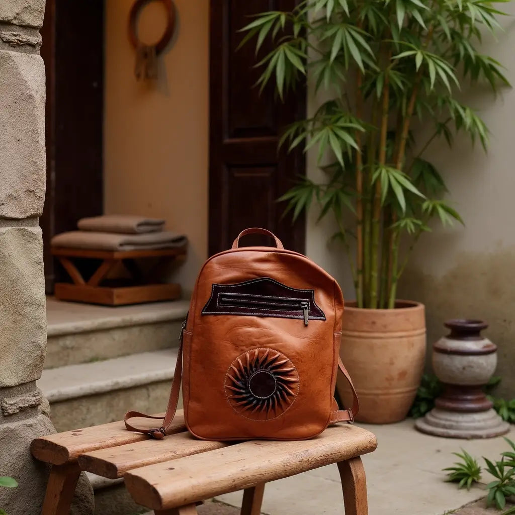 Sun-Embossed Cognac Leather Backpack – Handcrafted Laptop Bag image 7