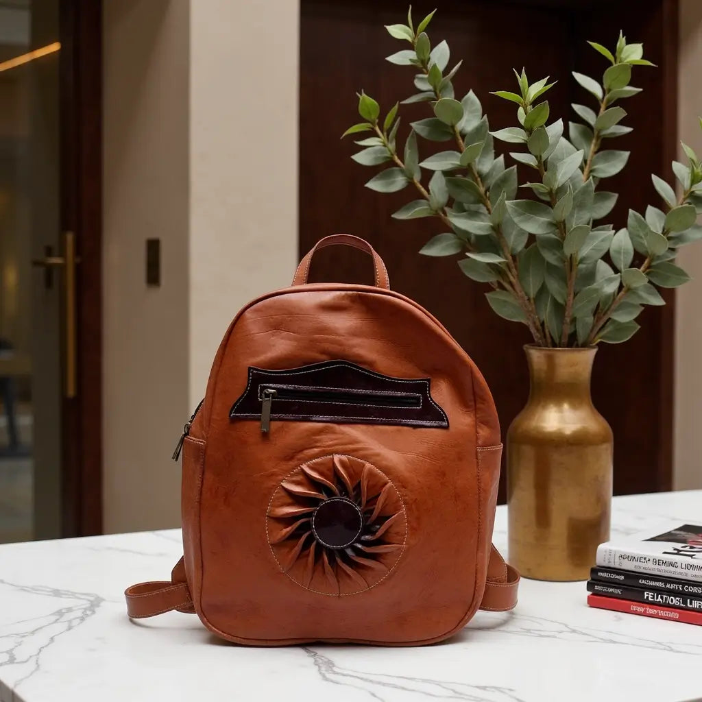 Sun-Embossed Cognac Leather Backpack – Handcrafted Laptop Bag image 8