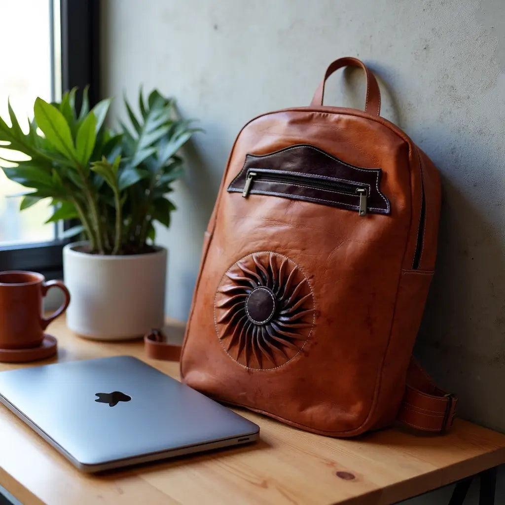 Sun-Embossed Cognac Leather Backpack – Handcrafted Laptop Bag image 9