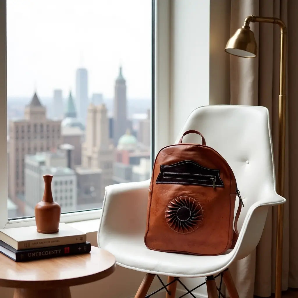 Sun-Embossed Cognac Leather Backpack – Handcrafted Laptop Bag image 10