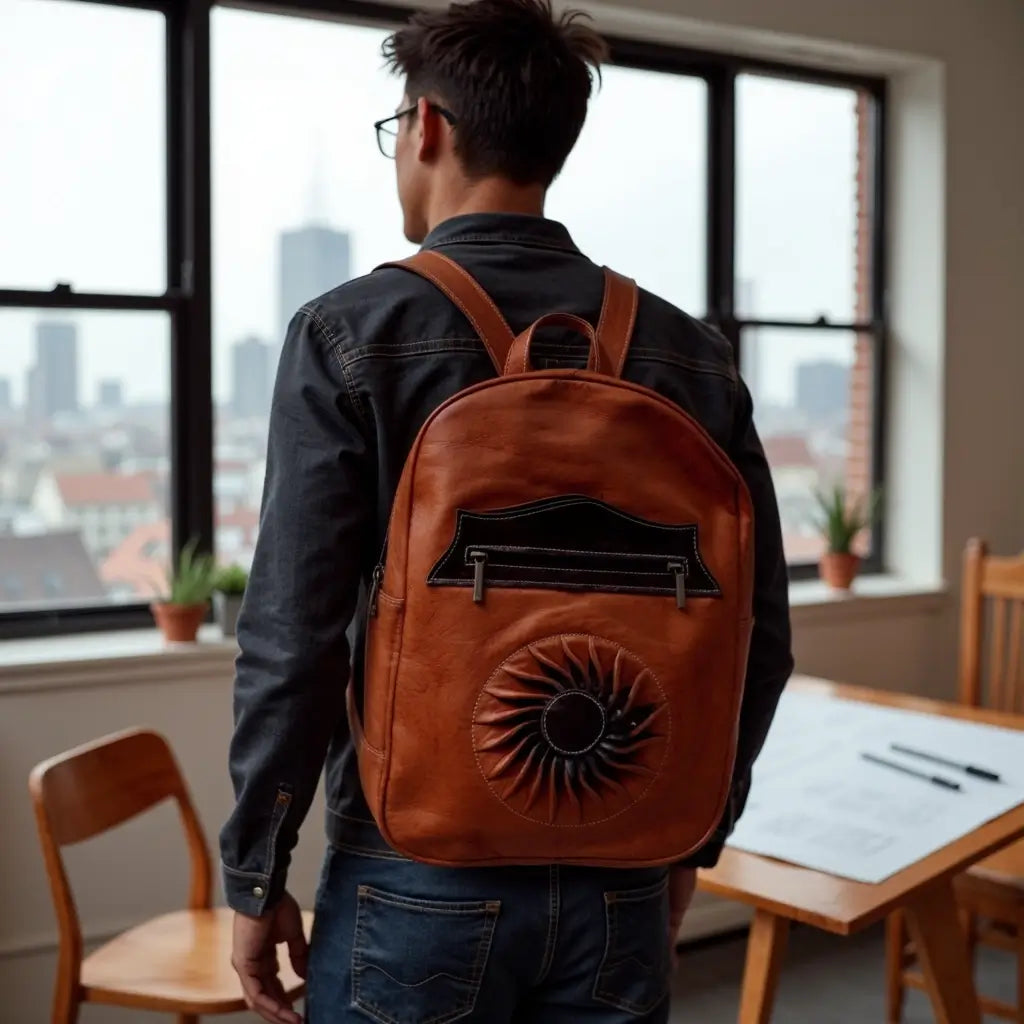 Sun-Embossed Cognac Leather Backpack – Handcrafted Laptop Bag image 5