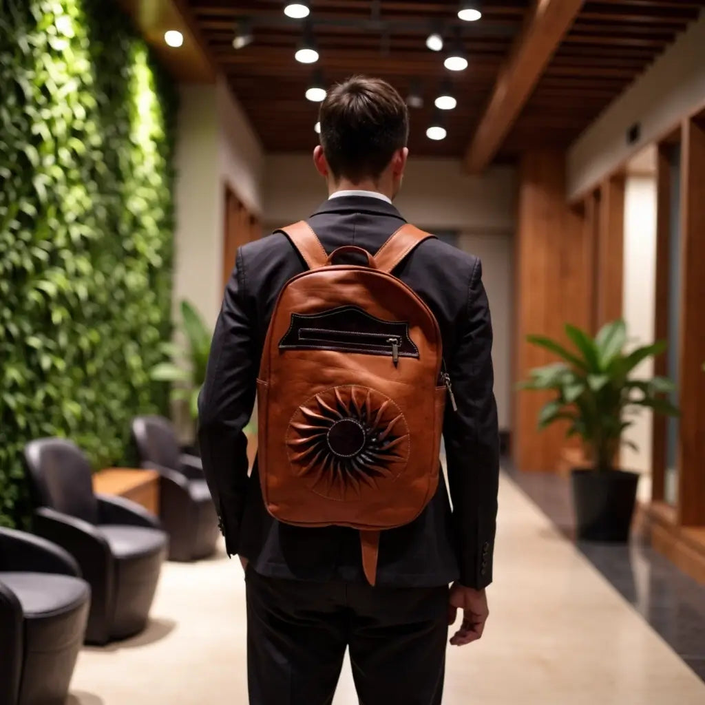 Sun-Embossed Cognac Leather Backpack – Handcrafted Laptop Bag image 3