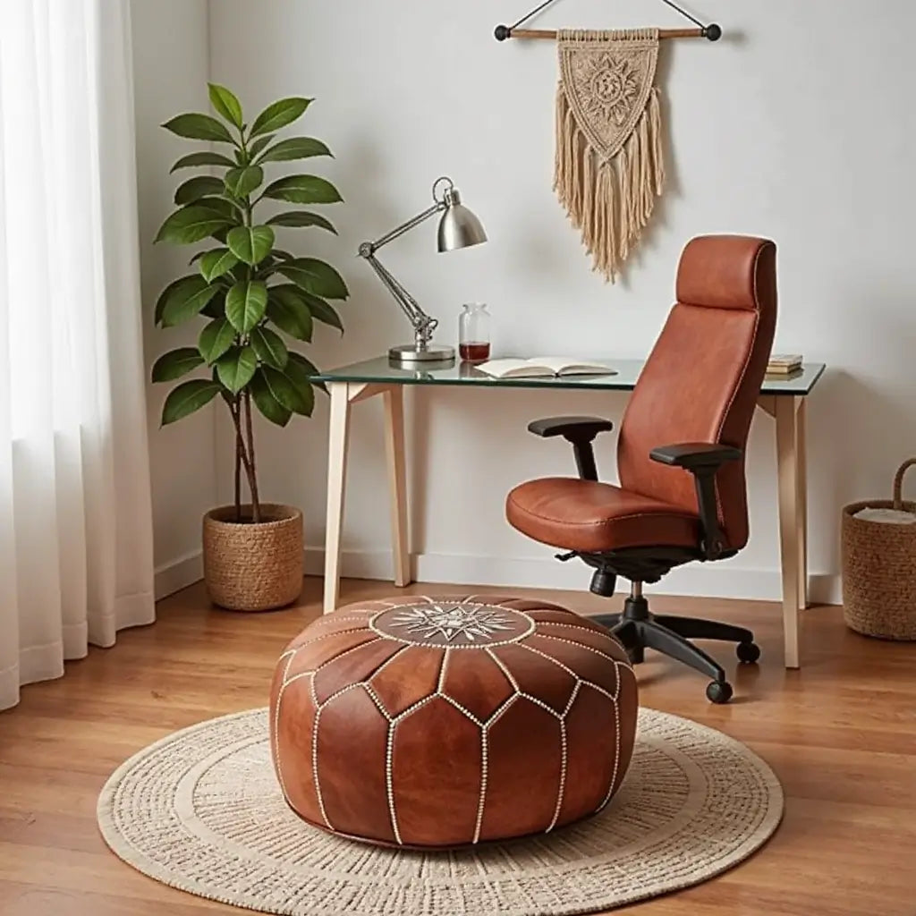 Set of 2 Tan Leather Round Ottomans 21″ – Handcrafted Floor Poufs image