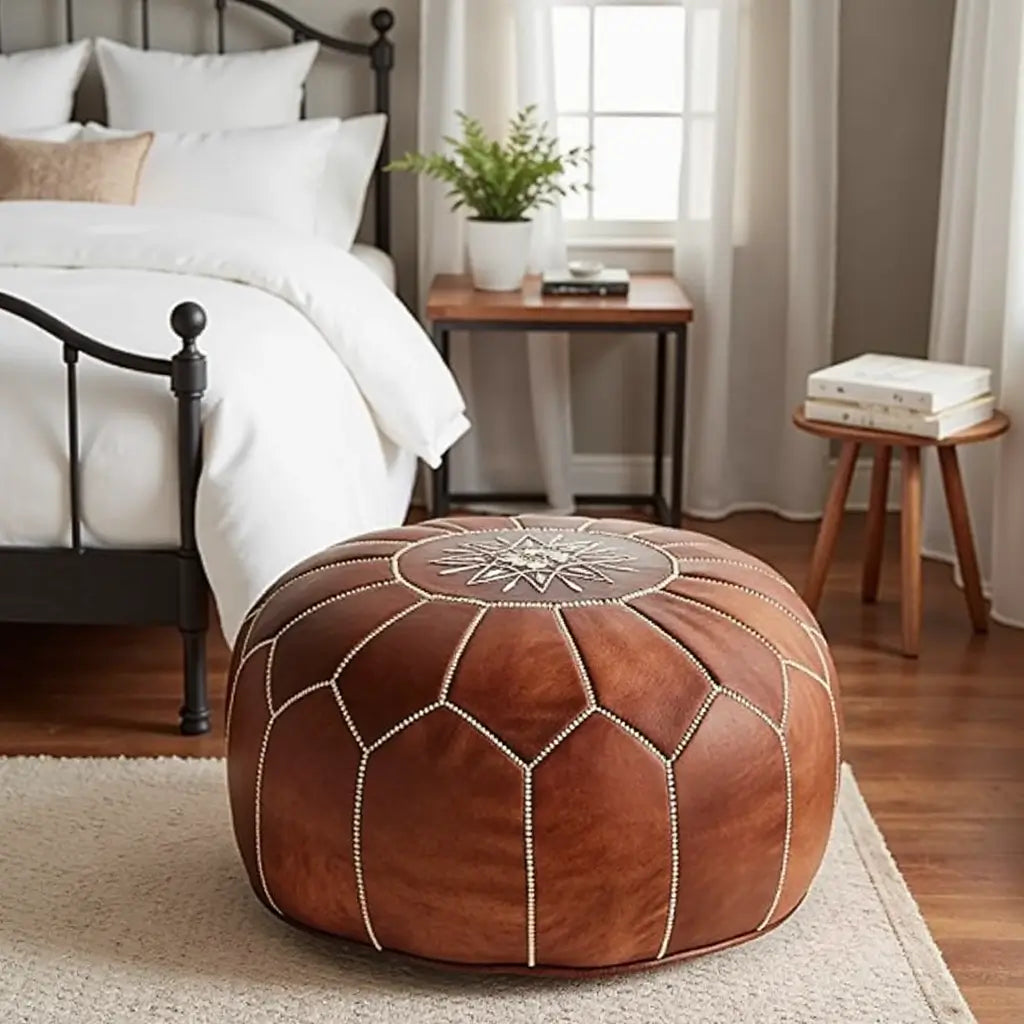 Tan Leather Floor Ottoman 21″ – Handcrafted Pouf with Star Design image 4