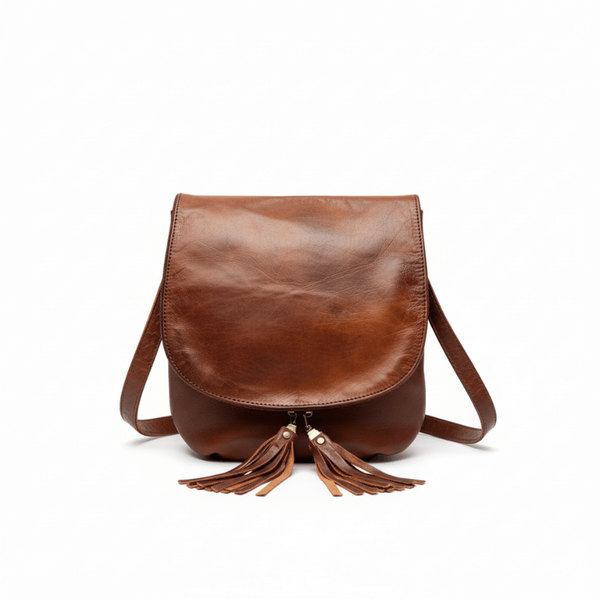 Brown Leather Crossbody Bag with Tassel Detail – Handcrafted Purse image