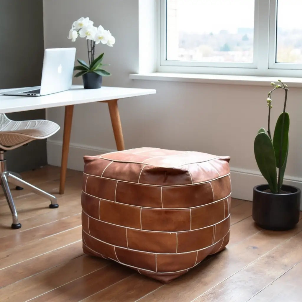 Square Leather Floor Pouf 16″ – Handcrafted Cube Ottoman Footrest image 5