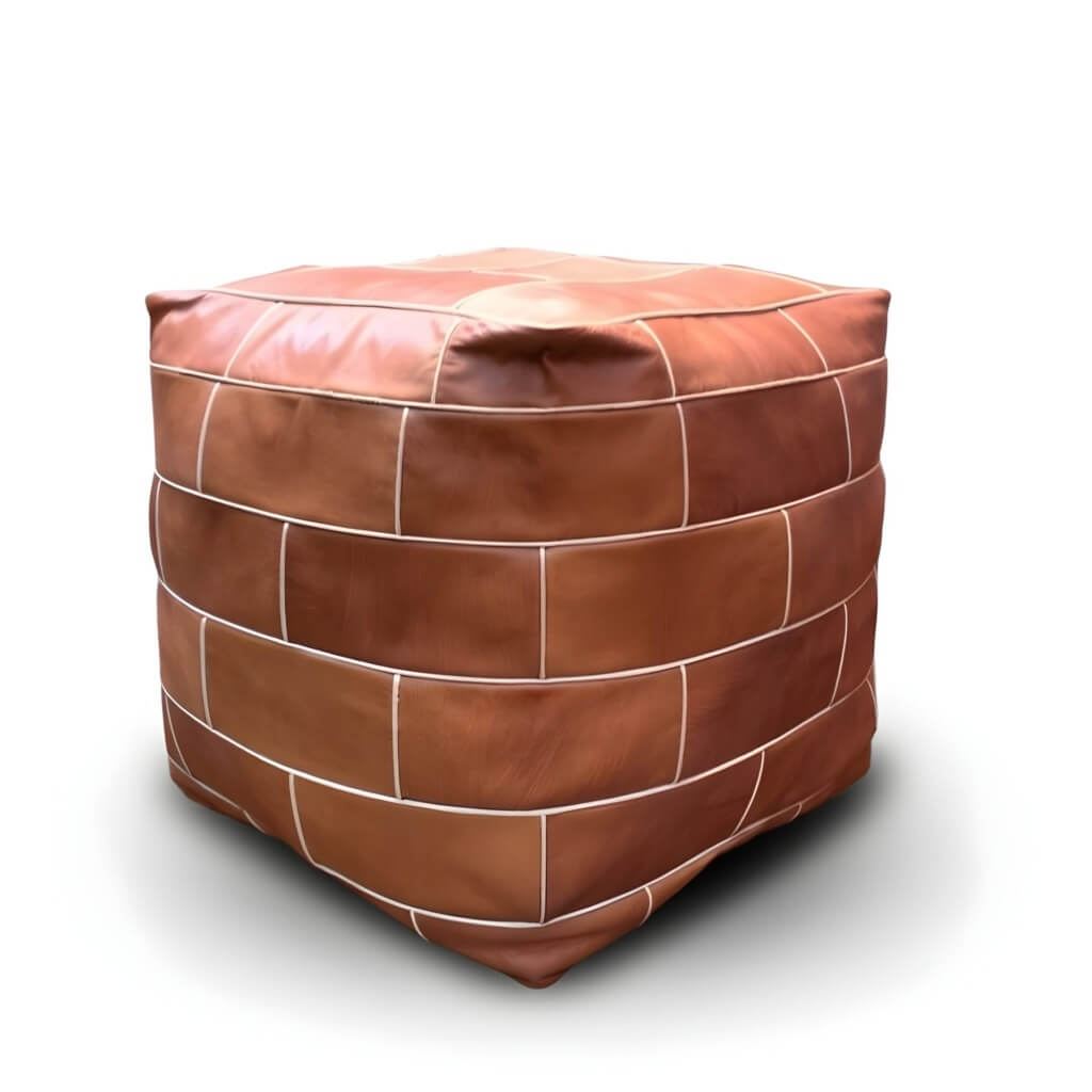 Square Leather Floor Pouf 16″ – Handcrafted Cube Ottoman Footrest image