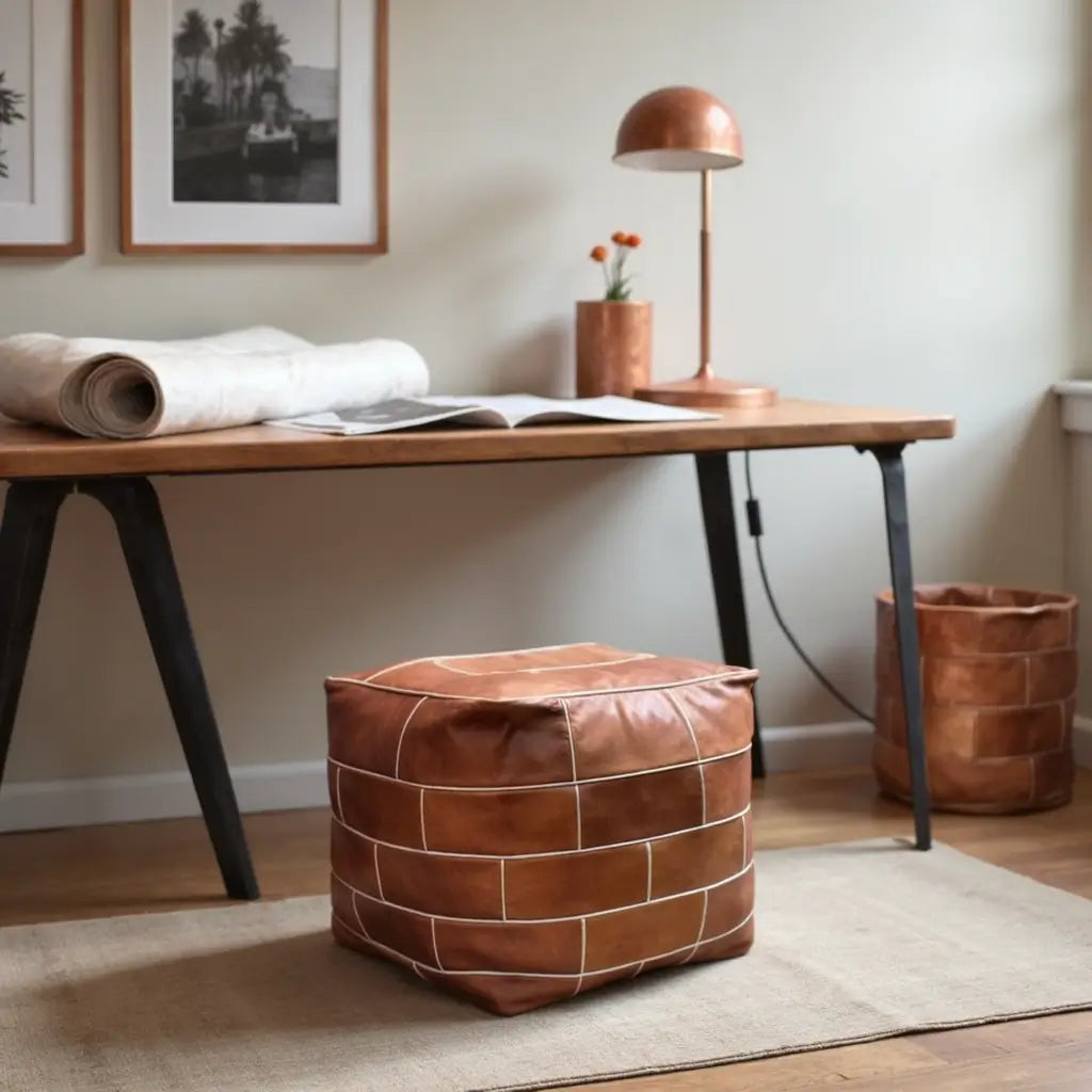 Square Leather Floor Pouf 16″ – Handcrafted Cube Ottoman Footrest image