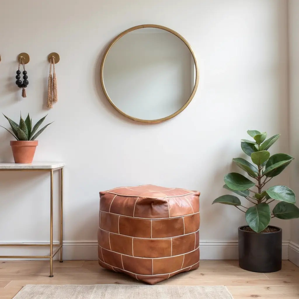 Square Leather Floor Pouf 16″ – Handcrafted Cube Ottoman Footrest image 3