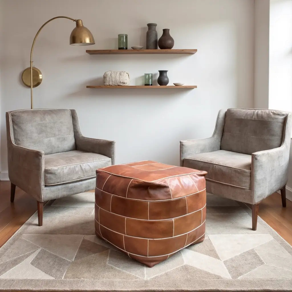 Square Leather Floor Pouf 16″ – Handcrafted Cube Ottoman Footrest image 4