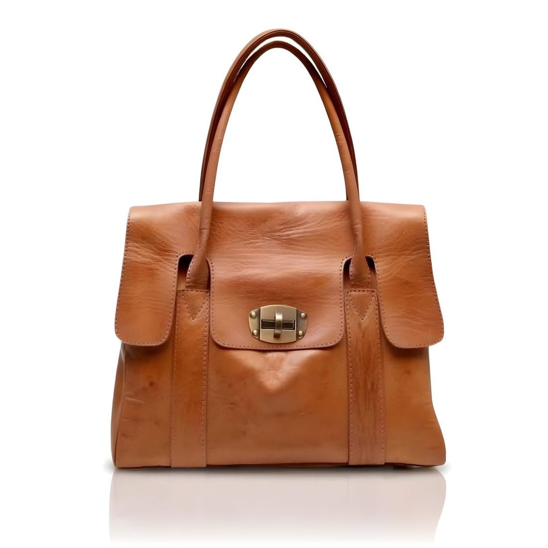 Cognac Leather Tote Bag – Handcrafted Designer Satchel with Lock Closure image