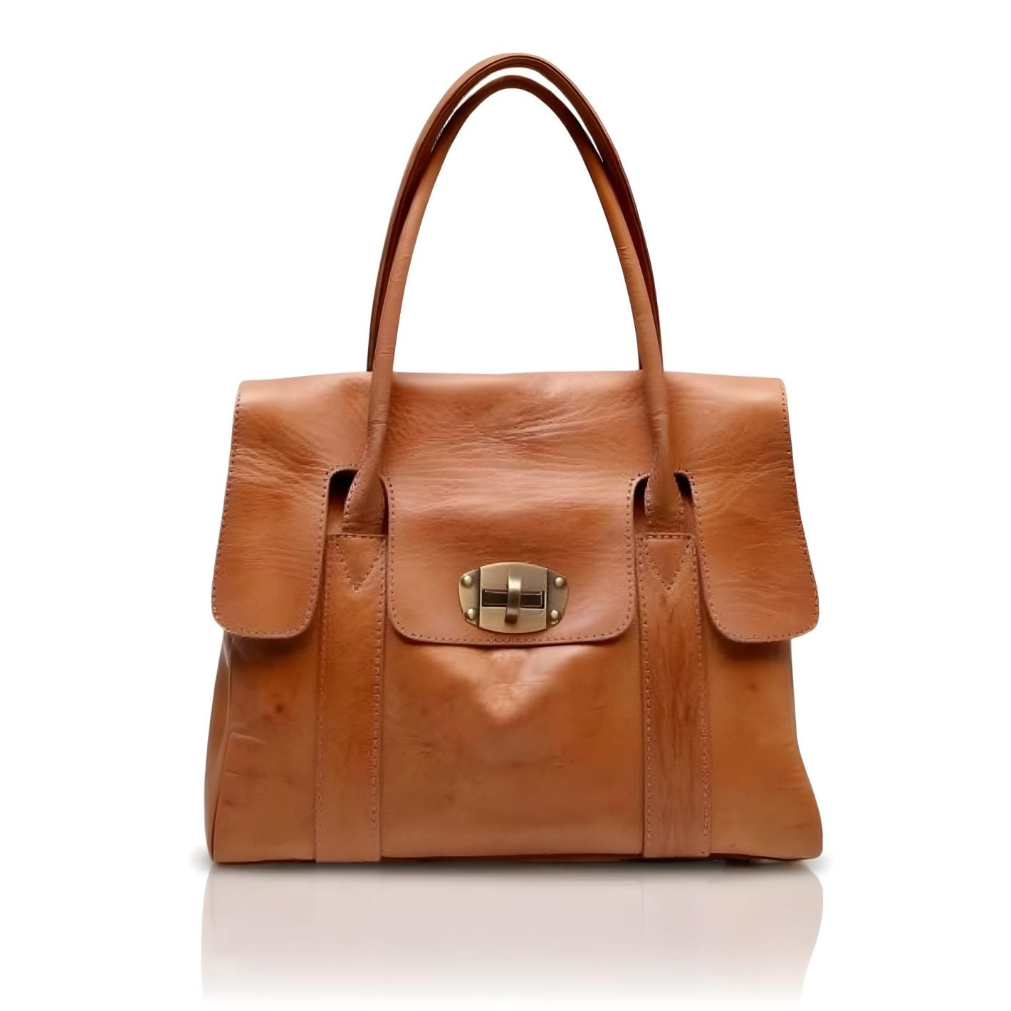 Cognac Leather Tote Bag – Handcrafted Designer Satchel with Lock Closure image