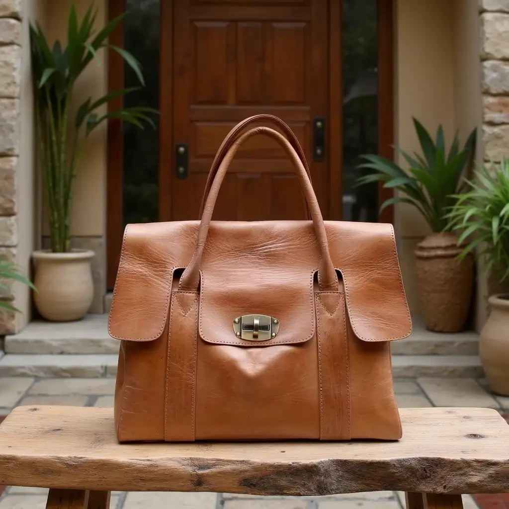 Cognac Leather Tote Bag – Handcrafted Designer Satchel with Lock Closure image 3