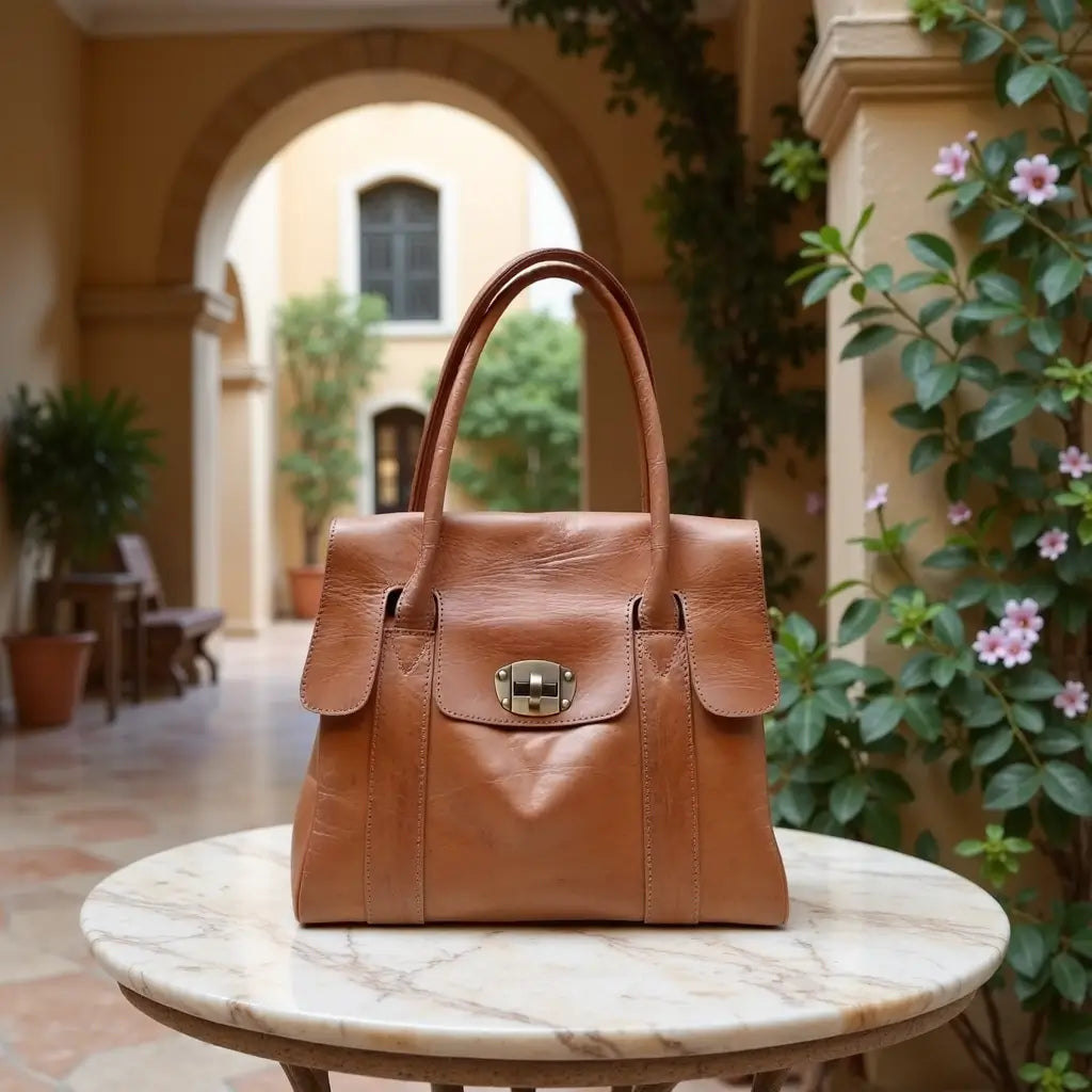 Cognac Leather Tote Bag – Handcrafted Designer Satchel with Lock Closure image 6