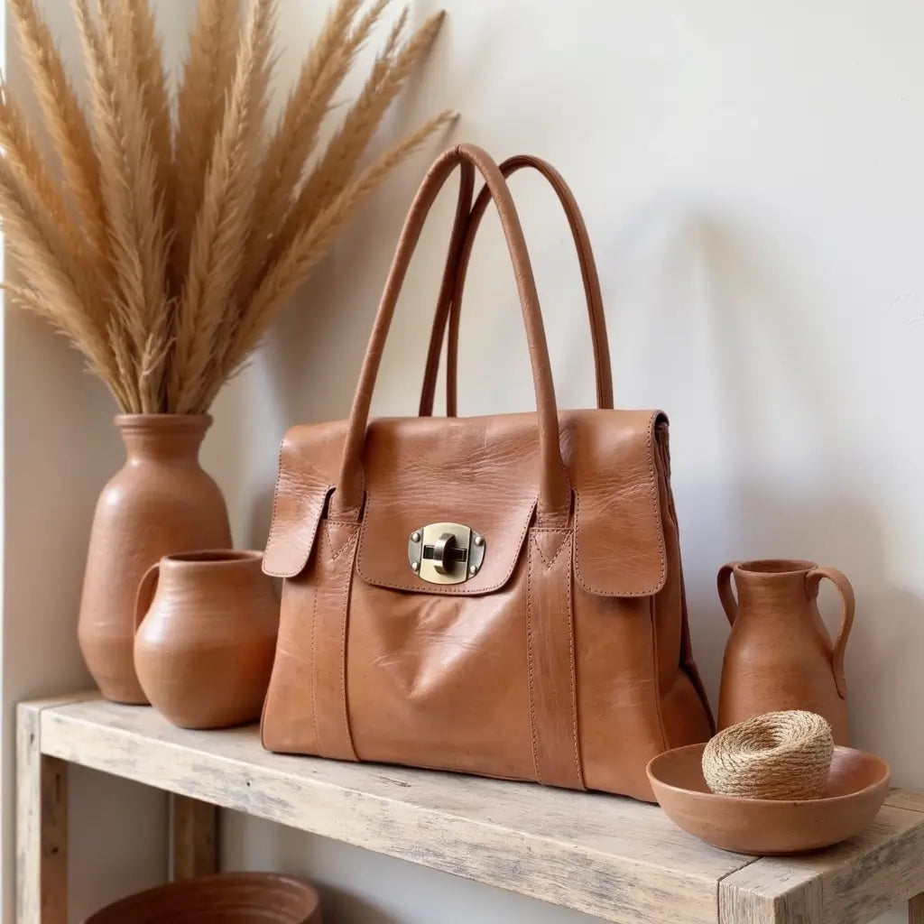 Cognac Leather Tote Bag – Handcrafted Designer Satchel with Lock Closure image 8