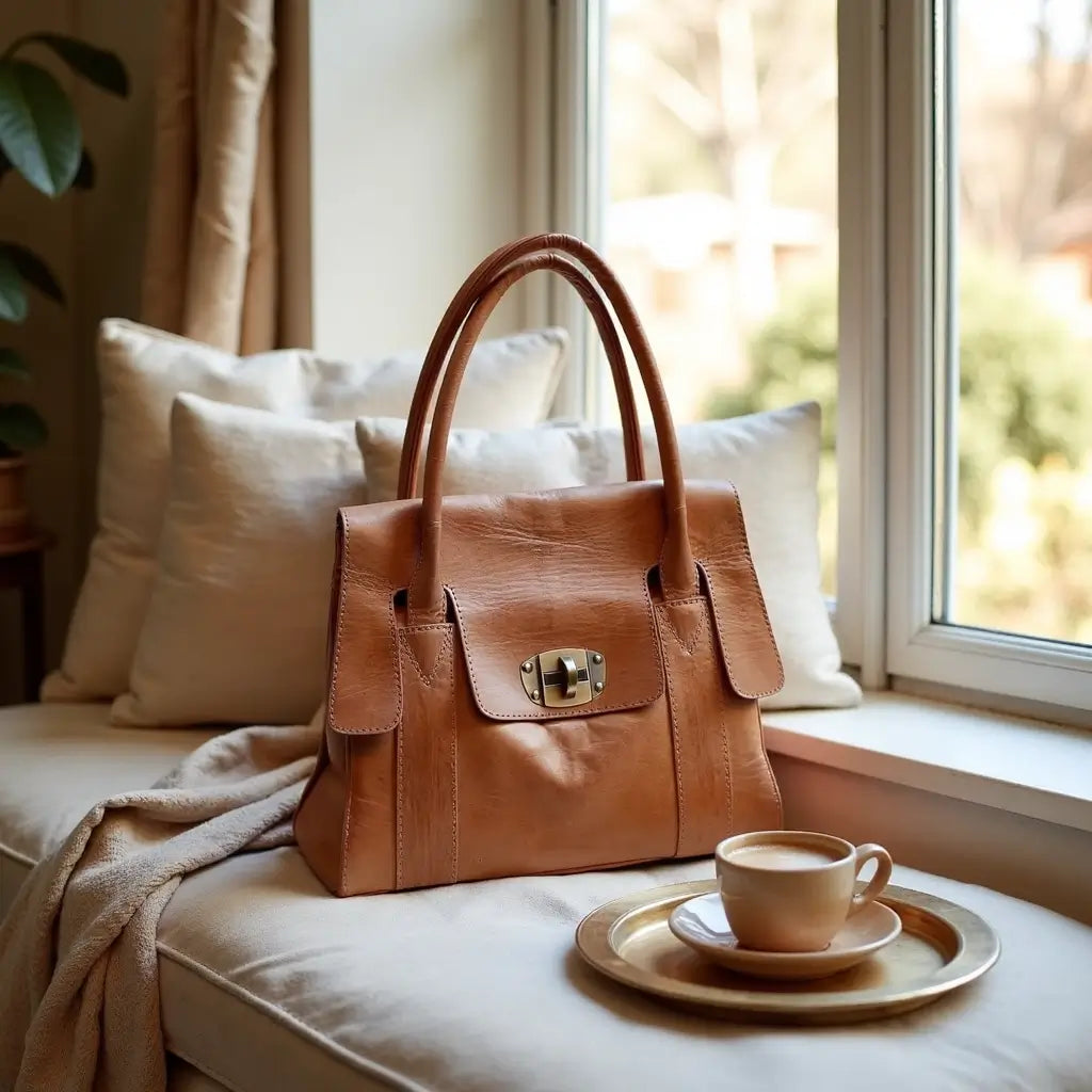 Cognac Leather Tote Bag – Handcrafted Designer Satchel with Lock Closure image 9