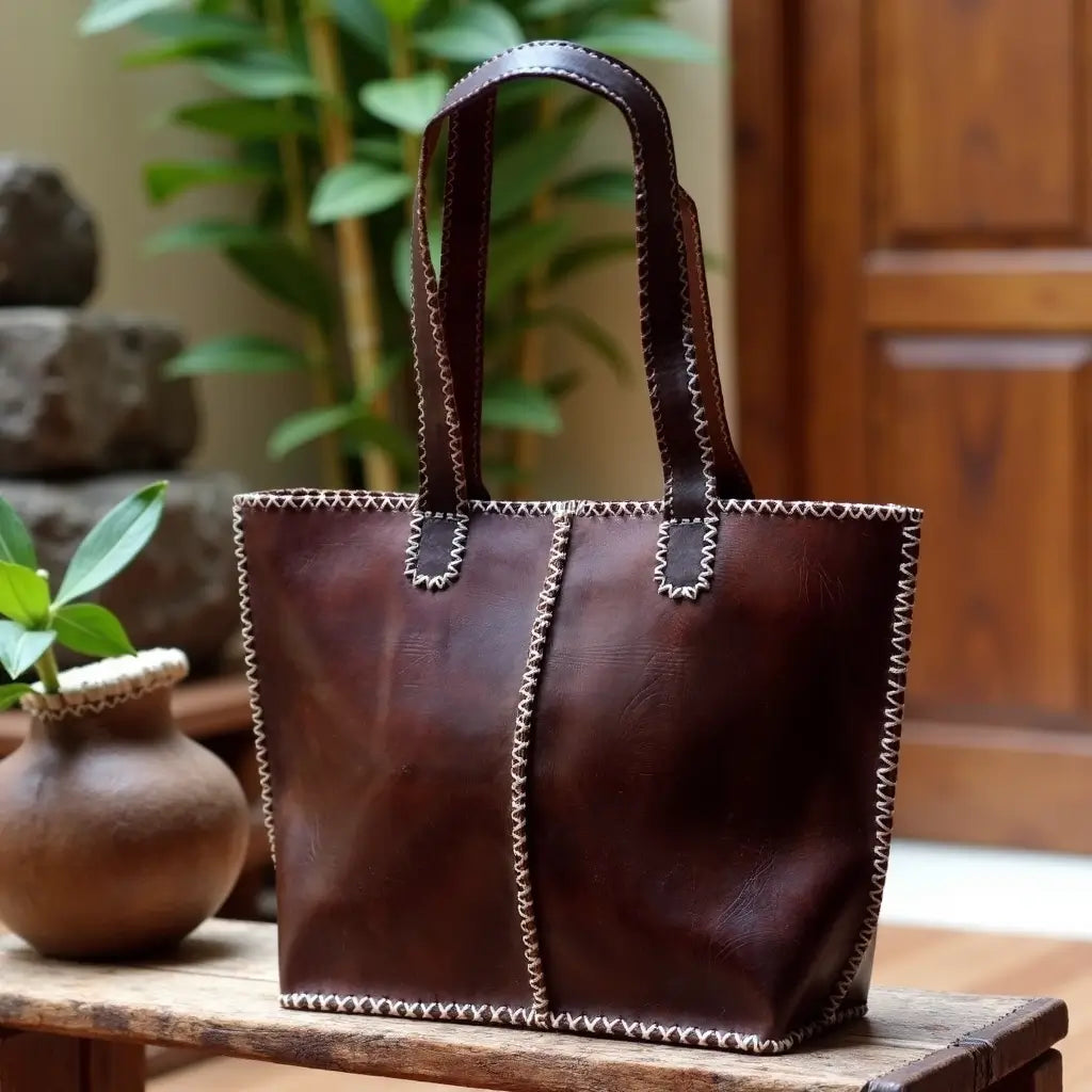 Dark Brown Leather Tote Bag with Traditional Zigzag Stitching image 5
