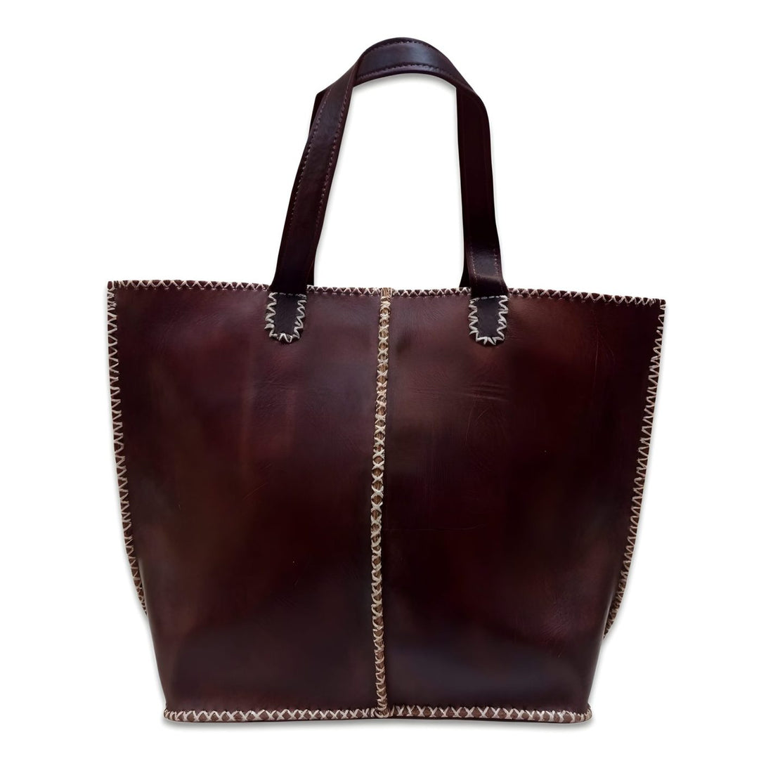 Dark Brown Leather Tote Bag with Traditional Zigzag Stitching image