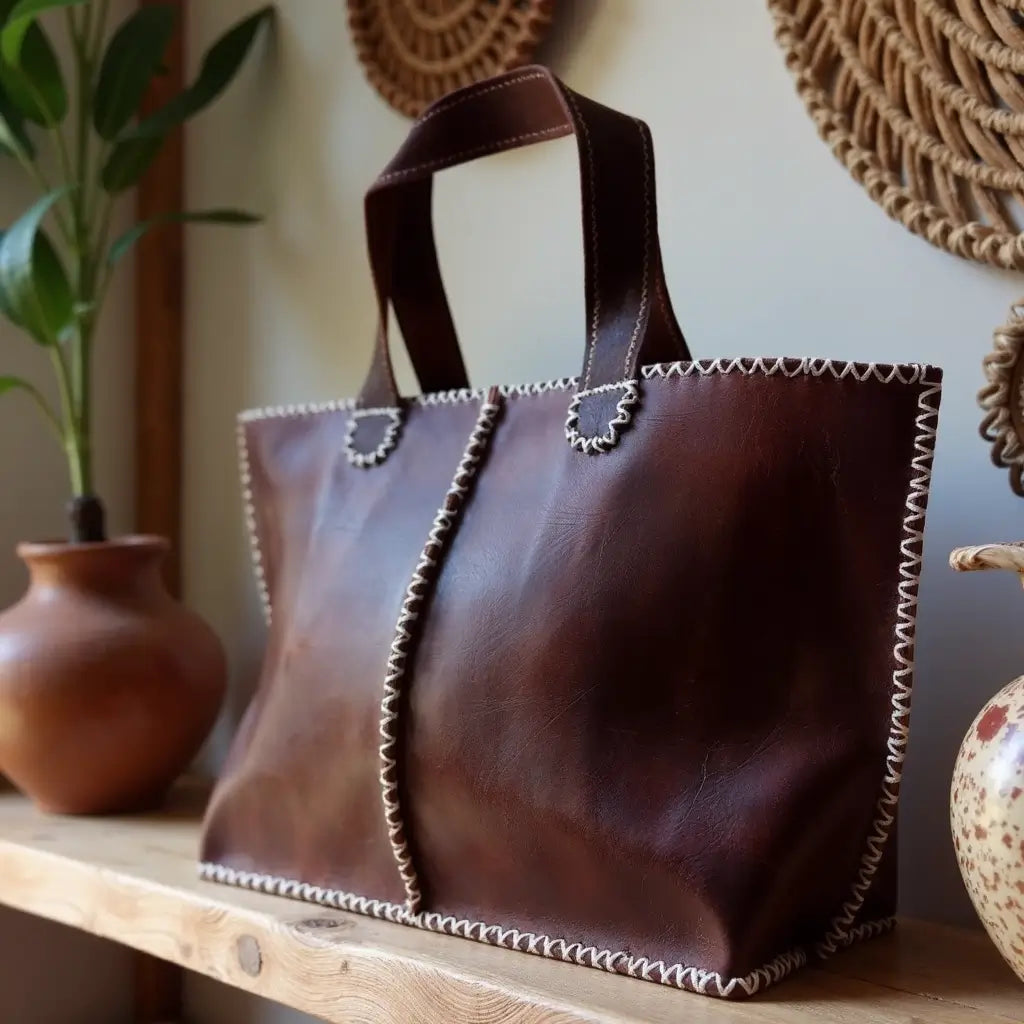 Dark Brown Leather Tote Bag with Traditional Zigzag Stitching image 3