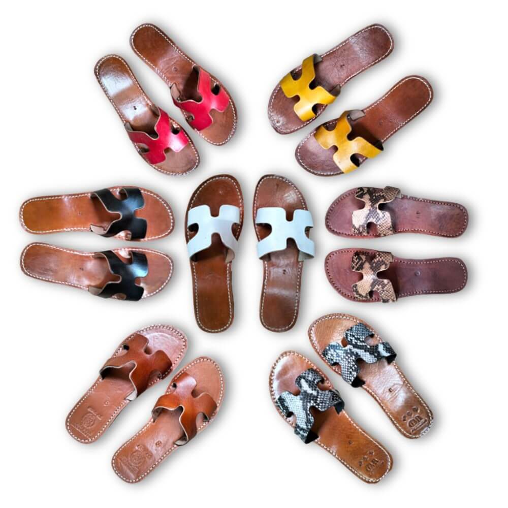 Handcrafted Moroccan Leather Slippers, Vibrant H-Strap Flat Sandals for Women image