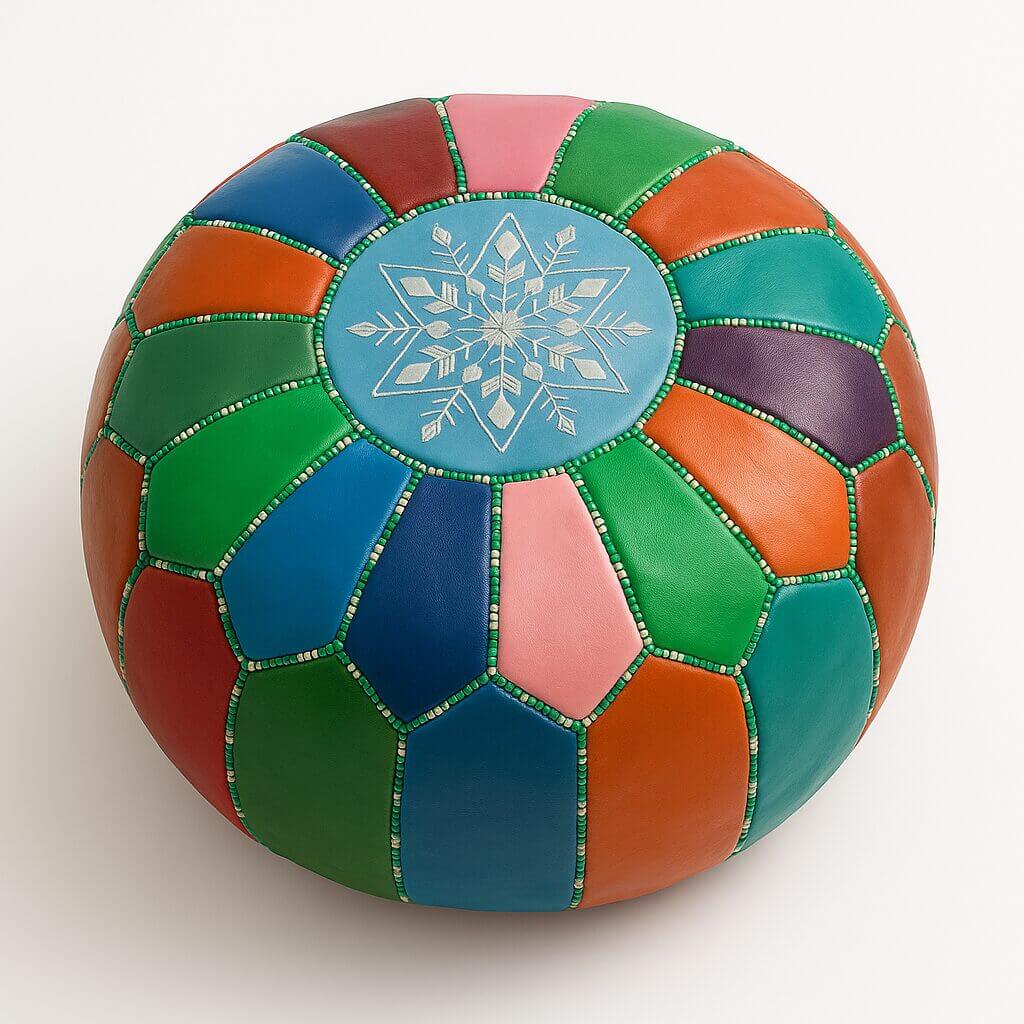Rainbow Patchwork Leather Floor Ottoman 21″ – Snowflake Round Pouf image