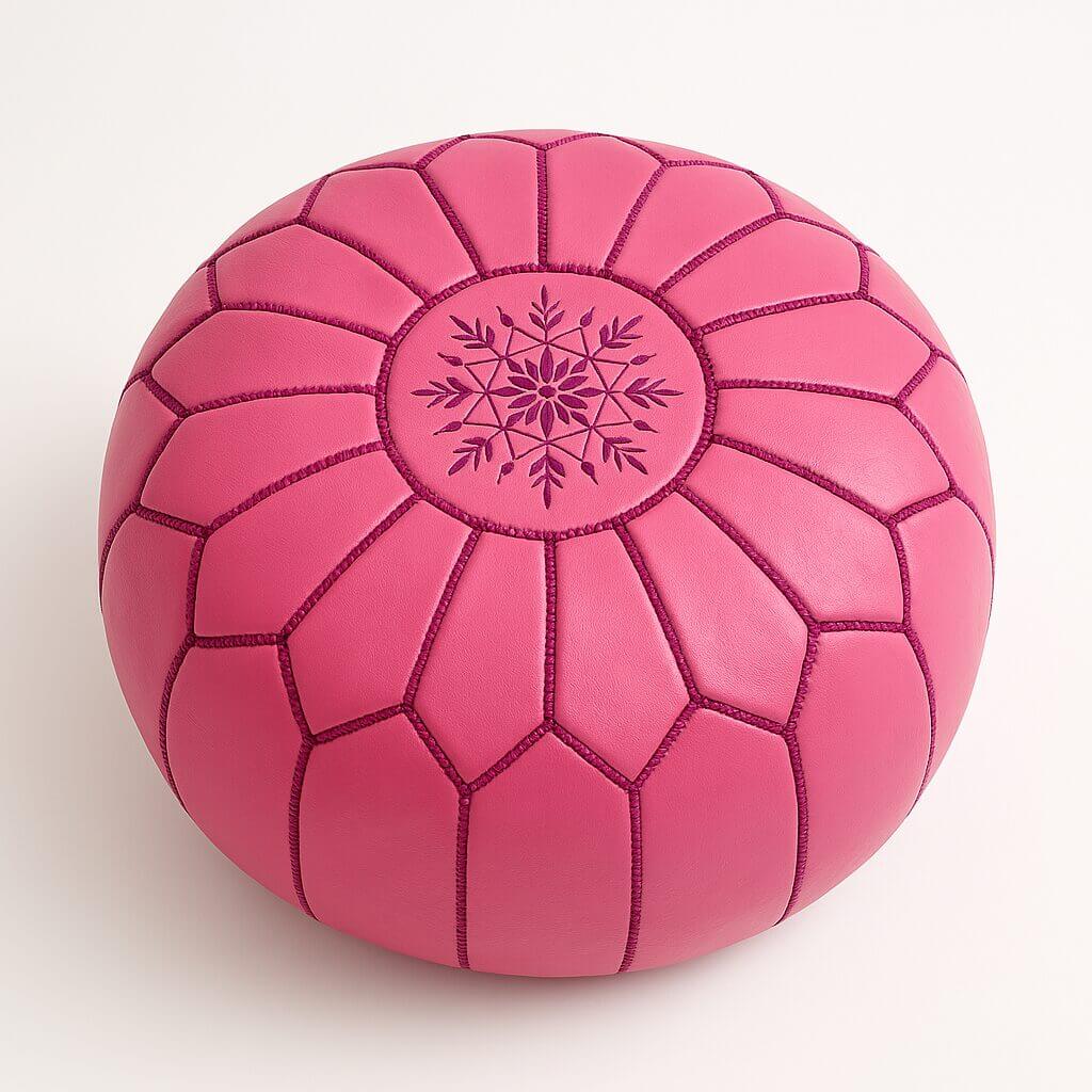 Pink Leather Round Ottoman 21″ – Handcrafted Floor Pouf with Embroidery image